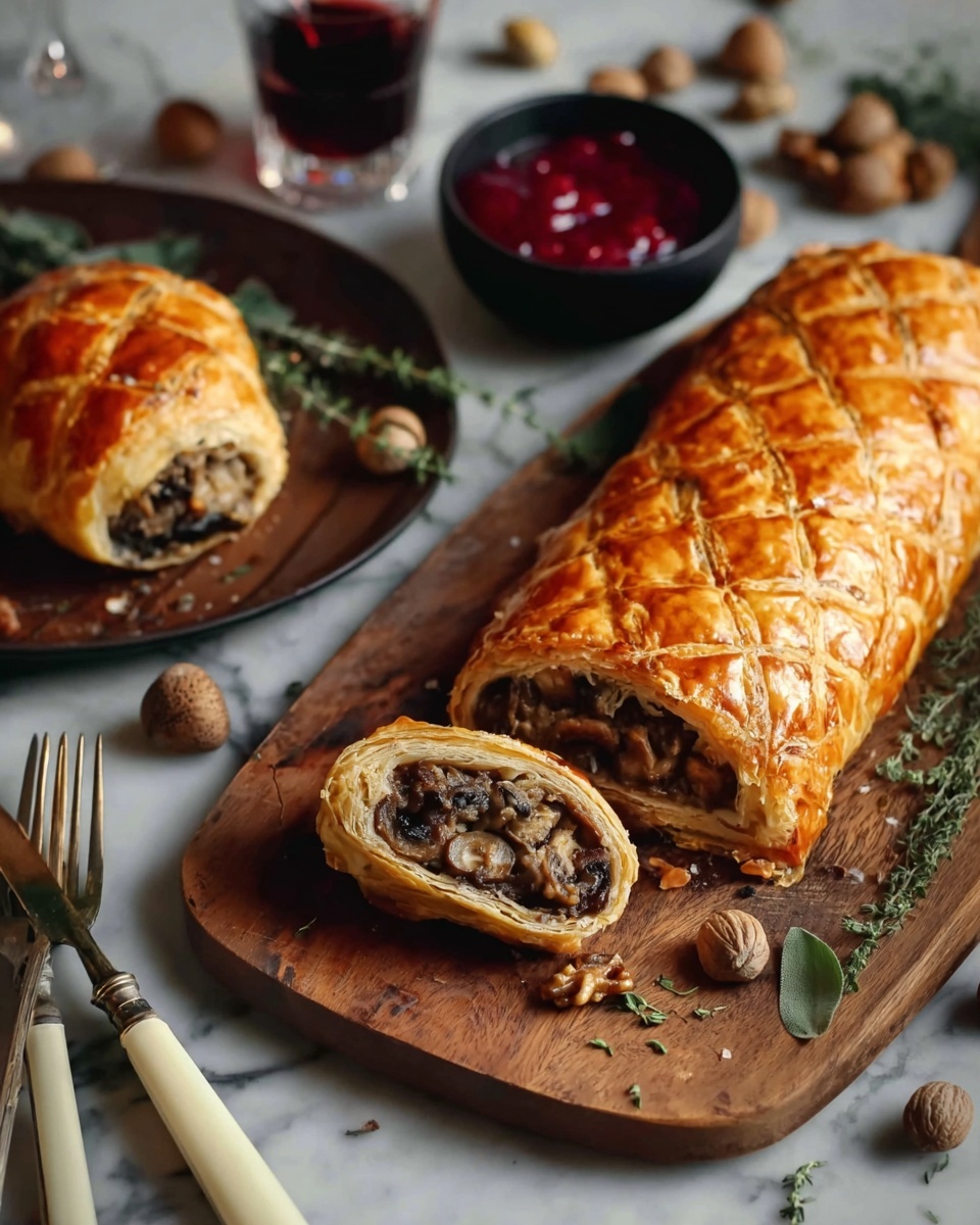 The image shows a golden-brown pastry roll with a shiny, textured crust, resting on a wooden board with some nuts and herbs around it. On a nearby dark wooden plate, a smaller round pastry is split in half, revealing a dense, chunky filling made of mushrooms and herbs inside its flaky outer layer. Next to it is a small black bowl filled with bright red sauce that looks thick and slightly chunky. A fork and a knife with a white handle sit behind the pastry on the plate, and there is a clear glass of dark red liquid nearby. The whole scene is set on a white marbled surface. photo taken with an iphone --ar 4:5 --v 7
