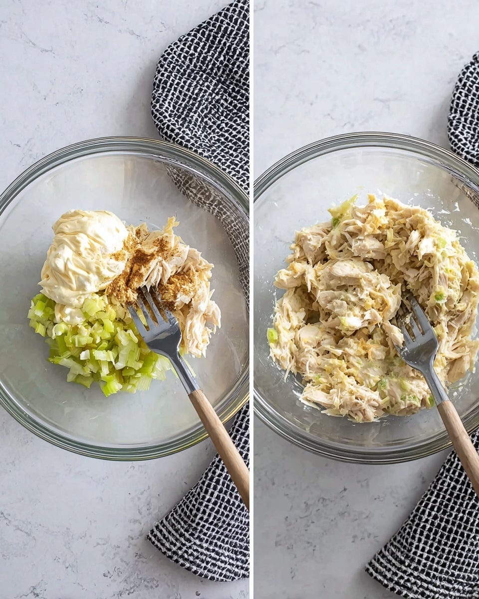 Two side-by-side images show a clear glass bowl on a white marbled surface. The left image displays separate ingredients in the bowl: mayonnaise, mayonnaise-colored mustard, finely chopped celery, shredded white chicken, and some seasoning, with a fork resting inside. The right image captures the same bowl after the ingredients have been mixed into a pale, chunky mixture with the fork still inside. A black and white checkered cloth is near the bowl in both photos, and the lighting is soft and natural. photo taken with an iphone --ar 4:5 --v 7