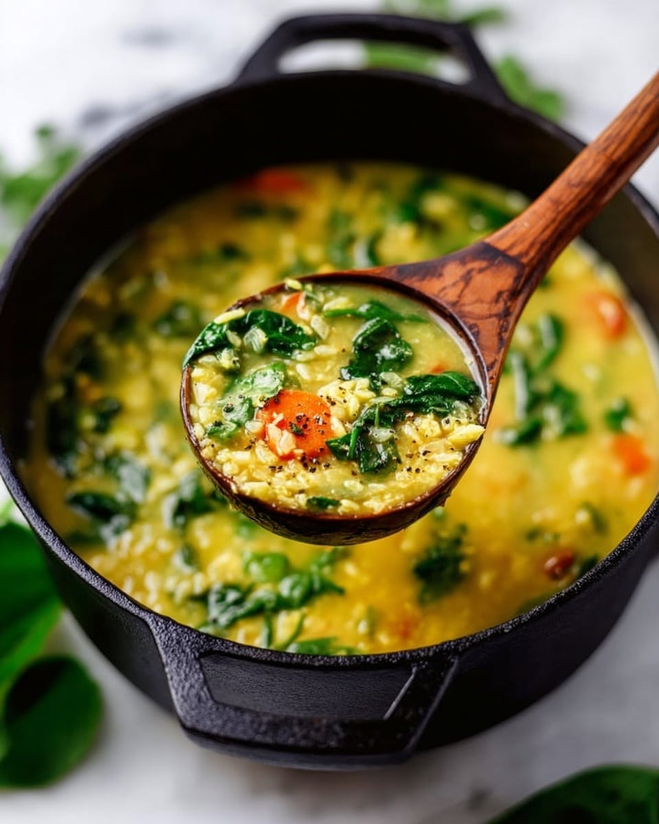 A close-up of a black cast iron pot filled with thick yellow soup containing visible green spinach leaves and small orange carrot pieces. A wooden spoon is lifting a scoop of the soup showing the texture with rice or grains, spinach leaves, and carrot chunks, all clearly layered in the ladle. The pot is on a white marbled surface with some green leaves peeking at the corner. Photo taken with an iphone --ar 4:5 --v 7