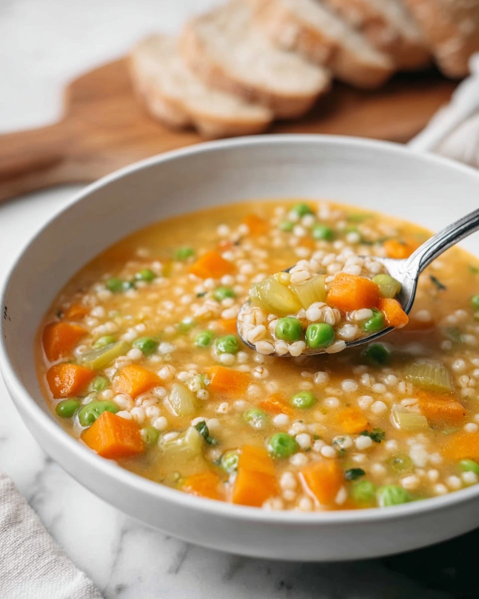 A white bowl filled with a soup containing three main layers: creamy light orange broth at the base, soft beige pearl barley grains scattered throughout, and bright green peas mixed evenly with chunks of orange carrots and light green celery pieces. A silver spoon rests in the soup, lifting some of the ingredients. The bowl sits on a white marbled surface with a wooden cutting board and slices of bread blurred in the background. Photo taken with an iphone --ar 4:5 --v 7