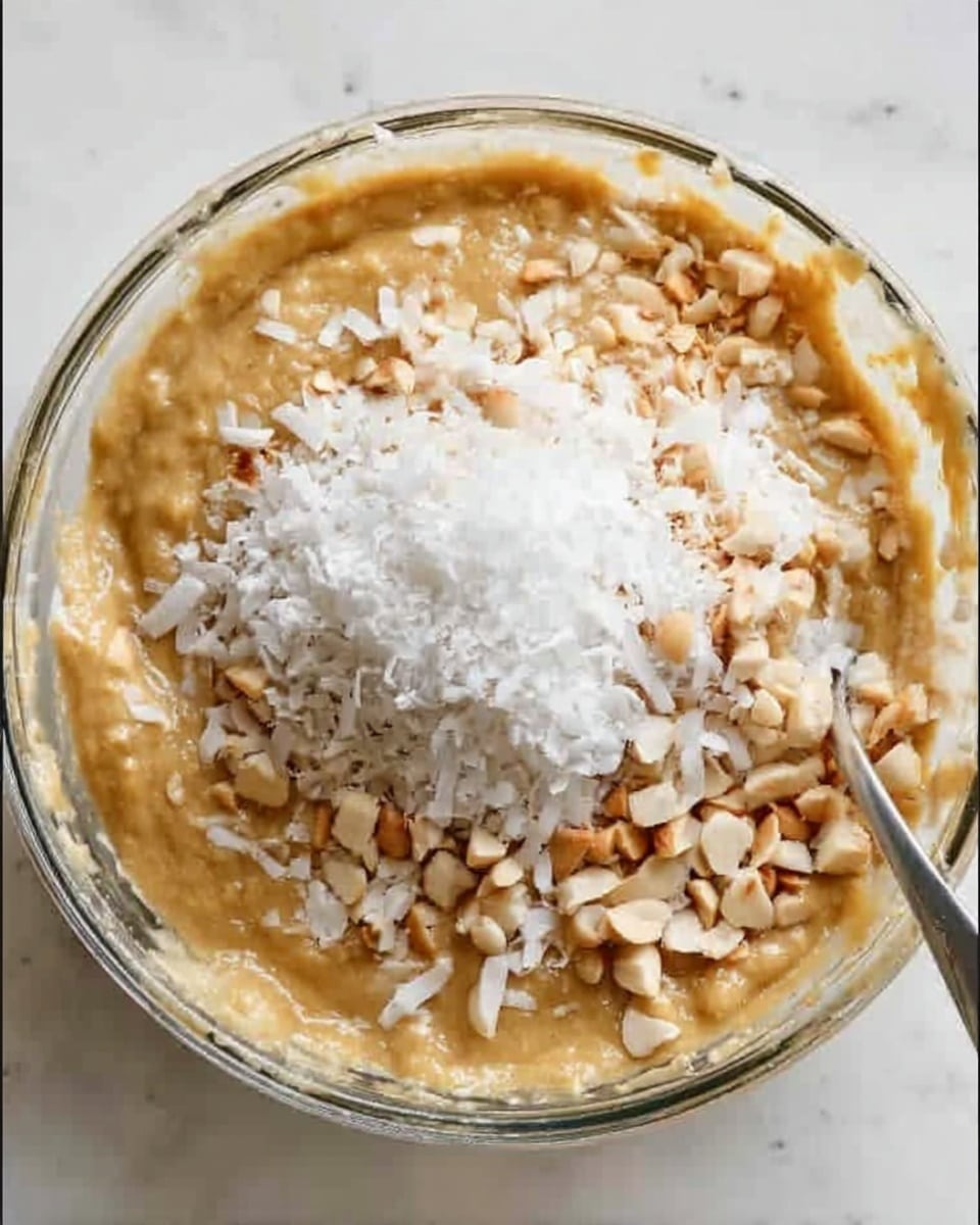 The image shows a clear glass bowl filled with a thick, light brown batter. On top of the batter is a mound of white coconut flakes and small beige chopped nuts spread unevenly around the center. The spoon is partially visible at the right edge, resting inside the bowl. The bowl is placed on a white marbled surface. Photo taken with an iphone --ar 4:5 --v 7