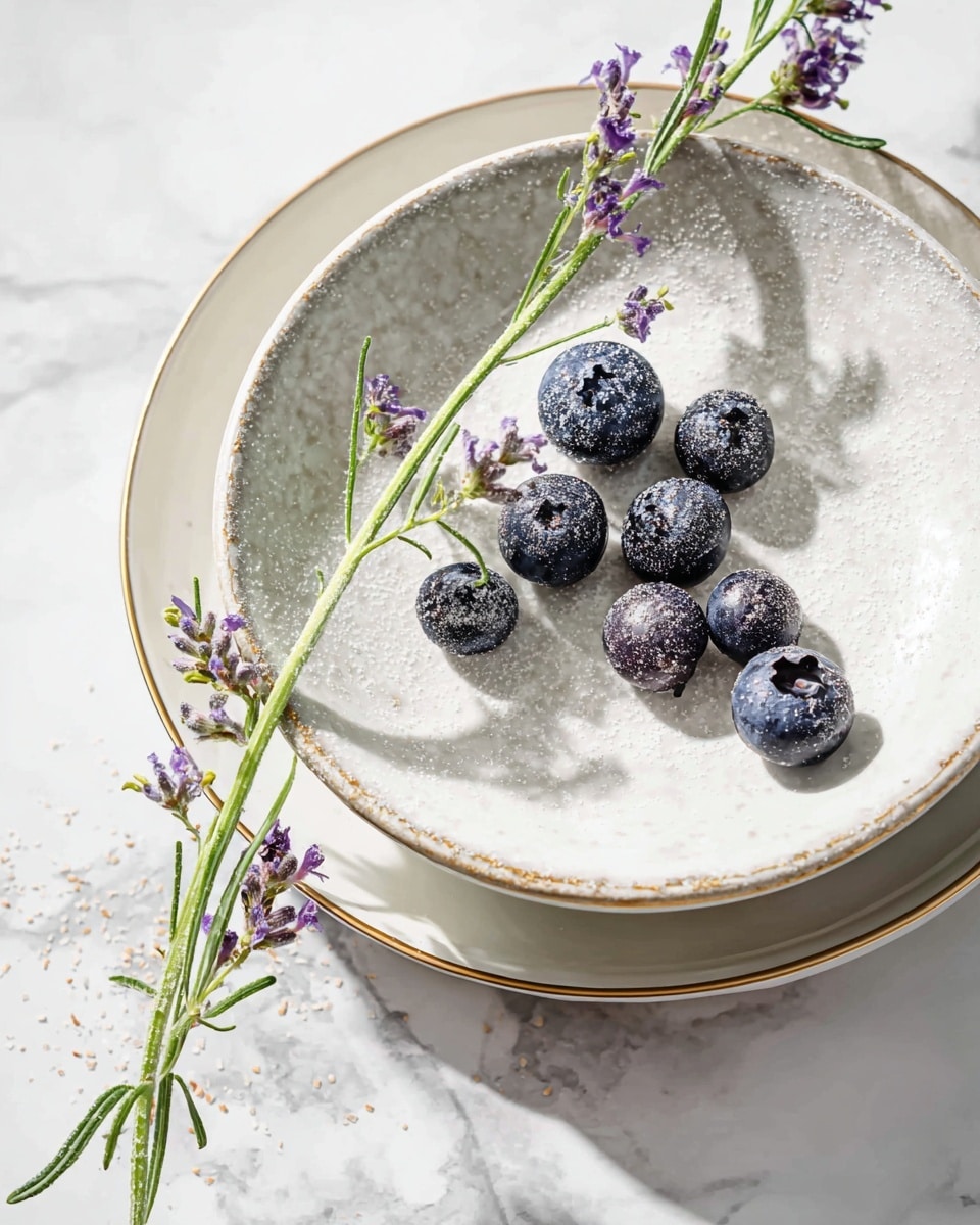A simple dish with two white plates stacked, the bottom plate has a thin gold rim, and the top plate is rough textured with a light gray stone look. On the top plate, there are about eight fresh blueberries scattered with light powder sprinkled on them. Long green stems with small purple flowers rest diagonally across the plates, partly hanging off the edge. The surface beneath is white marble with hints of gray veins adding a clean and bright background. Photo taken with an iphone --ar 4:5 --v 7