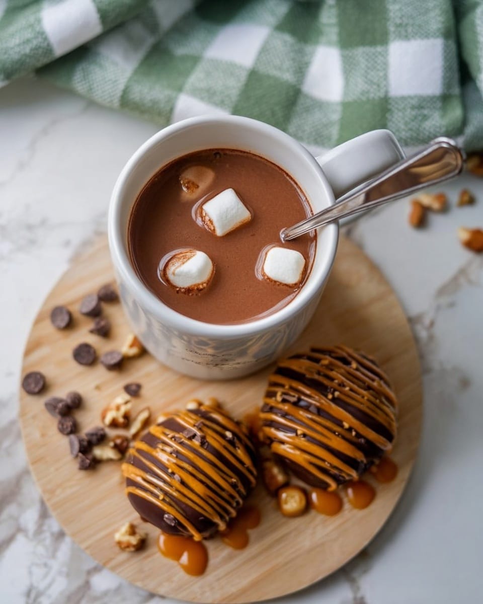 Three round chocolate balls covered in smooth dark chocolate are placed on a wooden surface with small dark chocolate chips scattered around. Each ball is decorated with several thin lines of orange caramel sauce drizzled on top, adding a textured layer of bright color. Behind them is a white mug with a handle and a green and white checked cloth softly draped in the background. The setting has a cozy, warm feel with natural light highlighting the shine on the chocolate balls. Photo taken with an iphone --ar 4:5 --v 7