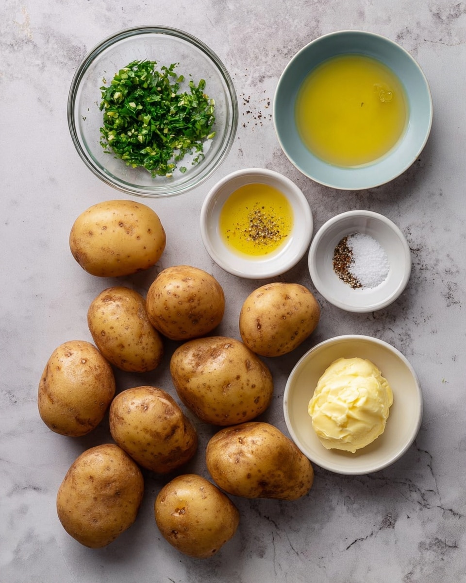The image shows a top-down view of several small brown potatoes scattered on a white marbled surface. Around the potatoes are five small white bowls with different ingredients: one with chopped green herbs, one with melted butter, one with clear oil, one with a mix of salt and pepper, and one containing a dollop of pale yellow paste. The overall colors are natural earth tones with bright spots from the herbs and butter. The lighting is soft and even, highlighting the rough texture of the potatoes and the smooth surfaces of the bowls. photo taken with an iphone --ar 4:5 --v 7