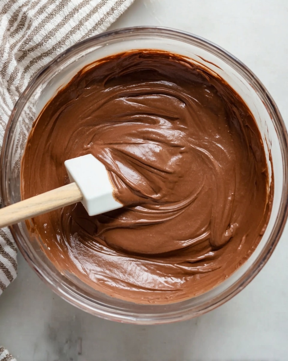 A clear glass bowl filled with smooth, thick chocolate batter that has a creamy texture and rich brown color. A white spatula with a wooden handle is partially dipped into the batter, covered in the chocolate mix. The bowl sits on a white marbled surface with a soft striped cloth partially visible on the left side. The batter looks freshly stirred with swirls and folds visible on the surface. photo taken with an iphone --ar 4:5 --v 7