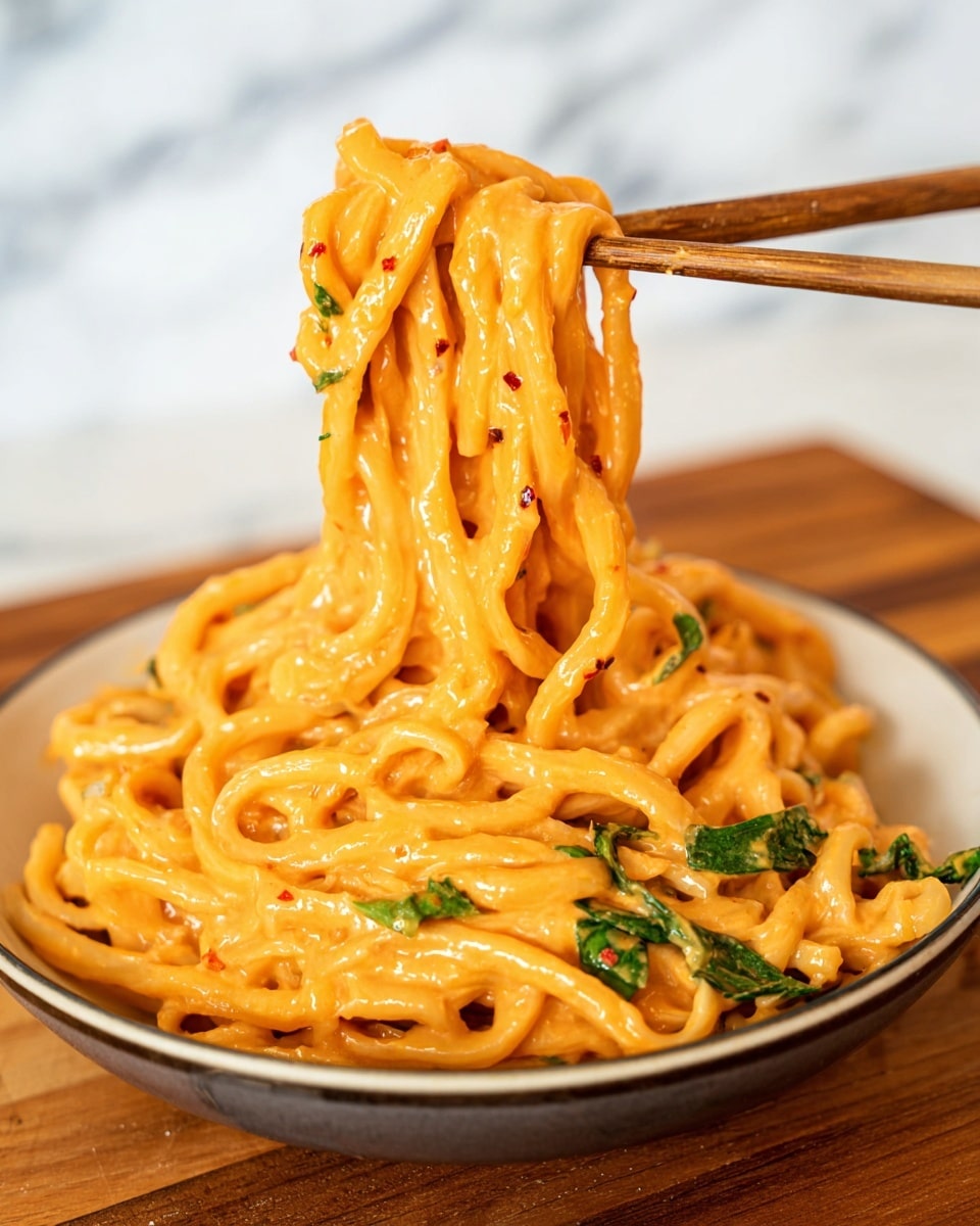 A close-up of thick noodles covered in a smooth, orange creamy sauce held up by a pair of wooden chopsticks above a white bowl. The noodles are thick and shiny, coated evenly with the sauce that has small red specks in it. At the bottom of the bowl, there are pieces of leafy green herbs mixed into the noodles, creating a contrast of colors. The bowl is sitting on a wooden surface with a blurred white marbled texture background, giving a clean and bright look. Photo taken with an iphone --ar 4:5 --v 7