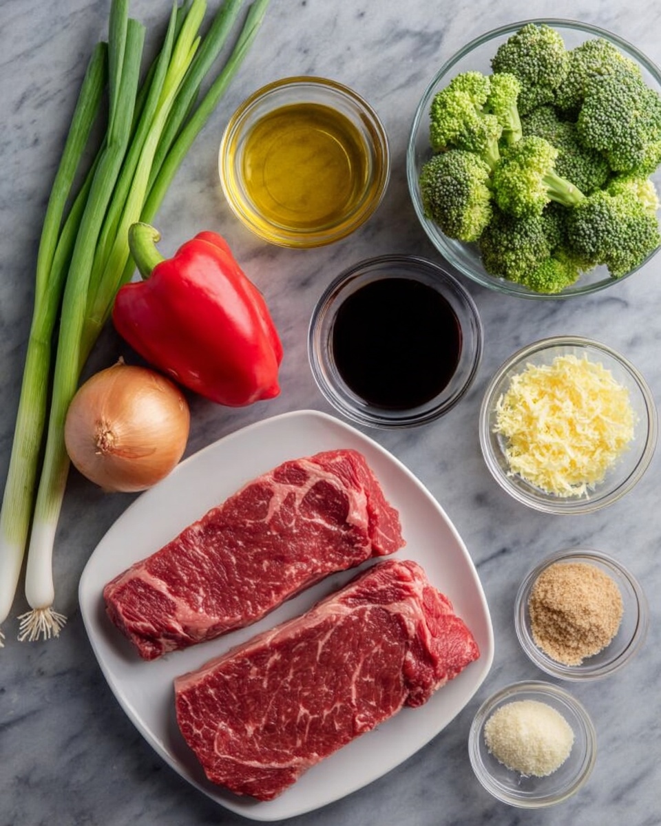 The image shows raw ingredients arranged neatly on a white marbled surface. Two thick slices of red raw steak with visible marbling are placed side by side on a white plate. Above the steak, three small clear glass bowls hold light yellow oil, amber sauce, and dark soy sauce from left to right. To the right of the plate, two more small clear bowls contain grated pale yellow ginger and light brown sugar. To the left of the steak, a whole light brown onion sits next to a bright red bell pepper. Above the onion and pepper, a clear bowl holds several crisp green broccoli florets. On the far left, a bunch of fresh green onions with white bases and green stalks lies lengthwise. The background is a smooth white marbled texture. photo taken with an iphone --ar 4:5 --v 7