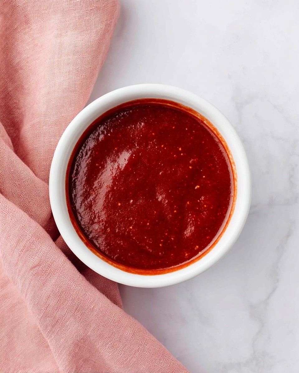 A top-down view of a small white bowl filled with a smooth, thick red sauce. The sauce has a shiny, slightly uneven surface with some tiny bubbles and a few lighter spots. The bowl is placed on a white marbled surface with a soft, pink cloth casually folded next to it. The colors are bright and clean, focusing on the deep red of the sauce against the white bowl and marble, with the pink cloth adding a gentle contrast. photo taken with an iphone --ar 4:5 --v 7
