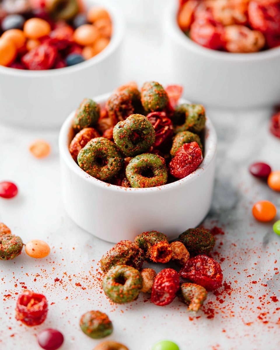The image shows a white cup filled with green and red circular snacks coated in a red powdery spice, with some candy-like red pieces mixed in. The snacks spill out from the cup onto a white marbled surface, with small colored round candies scattered around. There are other white cups in the background filled with similar spicy and colorful snacks, slightly out of focus. The scene is bright and clean, focusing on the texture and colors of the spicy snacks and candies. photo taken with an iphone --ar 4:5 --v 7