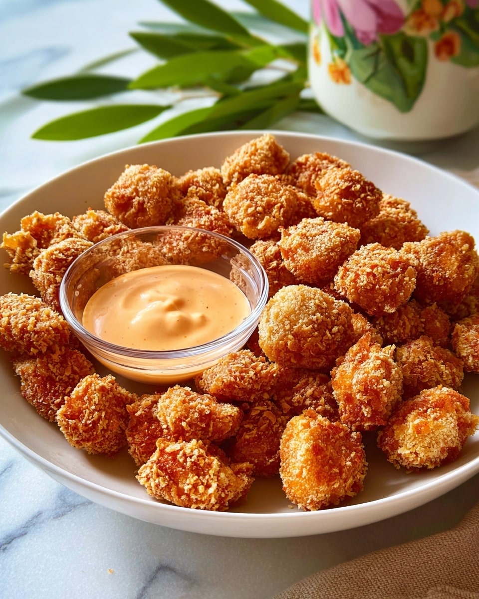 A white bowl filled with many small, round, golden-brown crispy balls that have a rough, crunchy texture, sitting on a white marbled surface. On the left inside the bowl, there is a small clear glass cup filled with creamy light brown dipping sauce with a smooth surface. A woman's hand is holding one of the crispy balls dipped halfway into the sauce, showing the contrast of the crunchy texture and creamy sauce clearly. Photo taken with an iphone --ar 4:5 --v 7