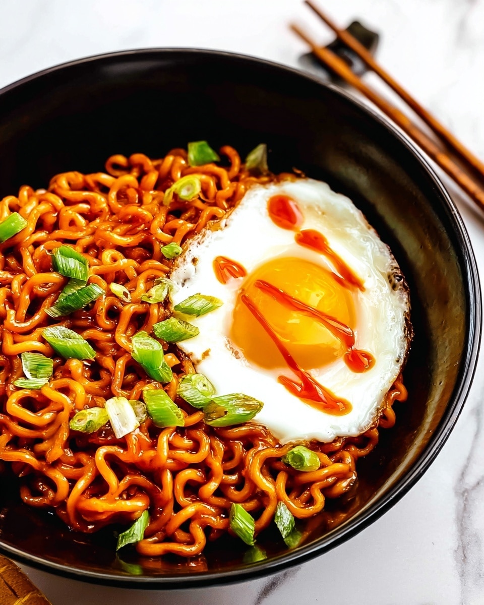 A black bowl filled with a thick layer of curly, orange-red noodles coated in sauce, topped with scattered bright green sliced scallions. On the right side of the bowl sits a perfectly cooked sunny-side-up egg with a smooth white edge and a runny yellow yolk, drizzled with reddish sauce. The bowl is placed on a white marbled surface with a pair of chopsticks nearby. photo taken with an iphone --ar 4:5 --v 7