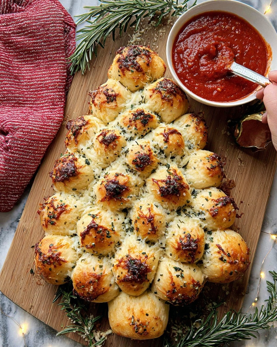 A Christmas tree shaped pull-apart bread made of small dough balls baked to golden brown with some darker spots on top, sprinkled with green herbs and melted white cheese, resting directly on a wooden surface. At the bottom right of the bread, there is a fresh rosemary sprig. To the top right, a woman's hand dips one dough ball into a white bowl filled with chunky red marinara sauce, and a spoon with some sauce is placed beside the bowl. A red and white striped cloth is partially visible at the top left corner. The background is a white marbled texture. photo taken with an iphone --ar 4:5 --v 7