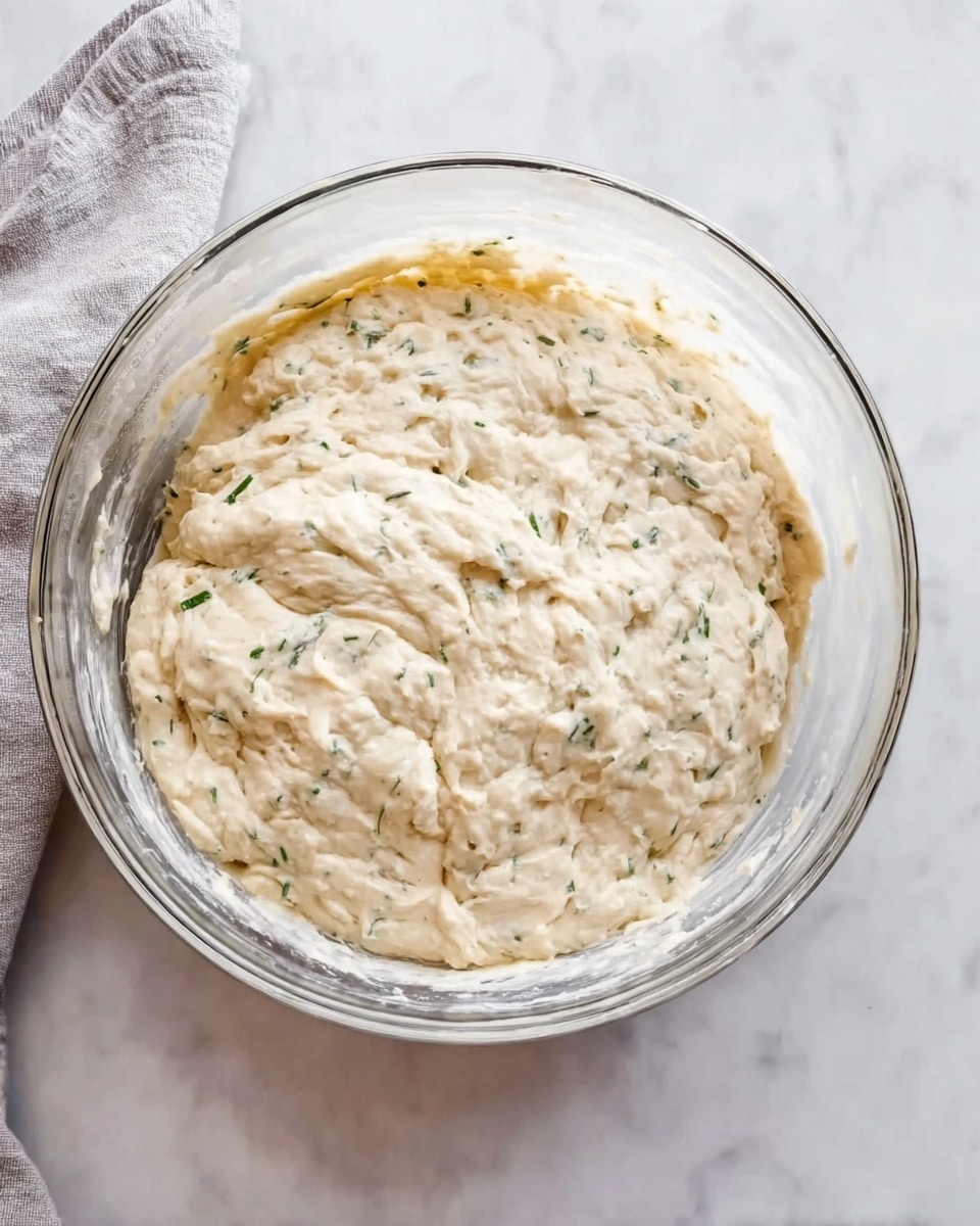 A clear glass bowl filled with pale dough that has risen and expanded, showing a slightly bumpy texture with small air pockets and flecks of green herbs scattered throughout. The dough appears soft and sticky, filling most of the bowl and creating gentle peaks and folds on the surface. The bowl is placed on a white marbled surface, with a light gray cloth partially visible under its left side. Photo taken with an iphone --ar 4:5 --v 7