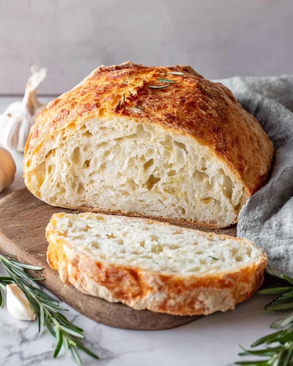 The image shows a round loaf of rustic bread with a golden, crispy crust on top and a light, airy inside full of small holes. A thick slice of bread is placed in front on a wooden board, with the texture looking soft and fluffy. The bread is resting on a white marbled surface, beside sprigs of green rosemary and a whole garlic bulb. A light grey cloth is seen partially under the loaf, adding a cozy touch. photo taken with an iphone --ar 4:5 --v 7
