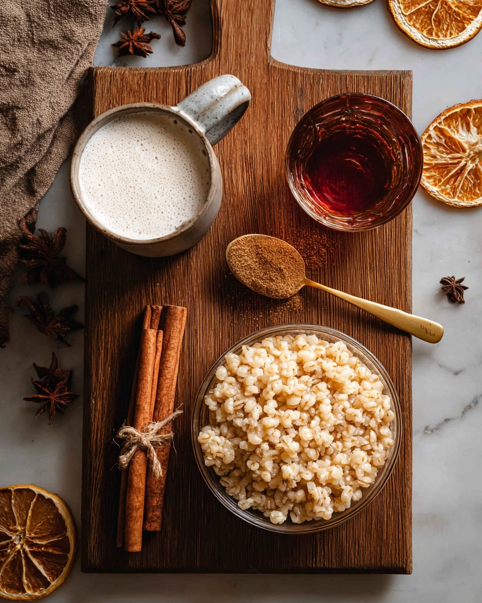 The image shows a wooden cutting board on a white marbled surface with four main items arranged on it. In the bottom right corner, there is a clear glass bowl filled with cooked beige grains that have a soft, slightly sticky texture. To the left of the bowl, near the center bottom, lies a small bundle of cinnamon sticks tied together with thin twine. Above the cinnamon, on the left side, is a small, light gray ceramic measuring cup filled with a frothy white liquid on top. Toward the upper center of the board, there is a golden-colored metal spoon containing ground brown spice. Next to it, on the right side of the board, is a small clear glass filled with a dark amber liquid. Around the board, there are scattered dried orange slices, cloves, and a few pieces of dried fabric adding rustic details. Photo taken with an iphone --ar 4:5 --v 7