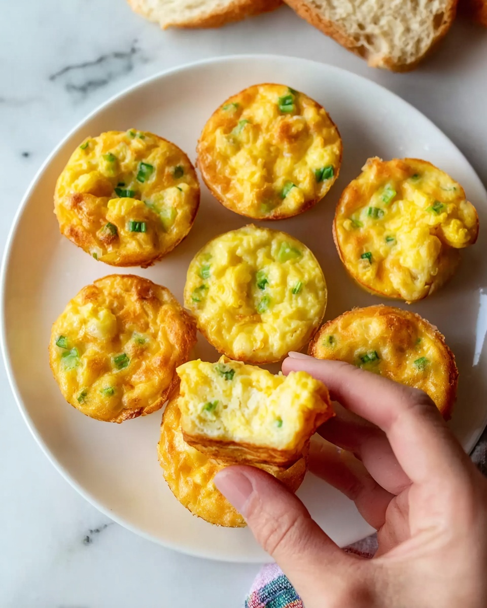 The image shows a white plate with seven small, round egg muffins with a golden brown crust. Each muffin has a yellow, soft scrambled egg filling mixed with small green pieces, likely chopped vegetables or herbs. A woman's hand is holding one muffin close to the camera, showing its fluffy and slightly creamy inside texture. The plate is set on a white marbled surface, with a bit of bread visible in the background. The lighting is bright and natural, highlighting the warm colors and textures of the muffins. photo taken with an iphone --ar 4:5 --v 7