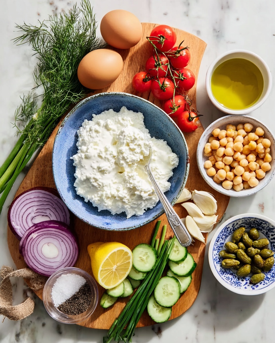 The image shows a top view of a wooden board filled with fresh ingredients arranged neatly. In the center, there is a white bowl with a rough blue outer edge filled with white cottage cheese, with a silver spoon resting inside. Surrounding the bowl are two whole brown eggs, a bunch of bright red cherry tomatoes on the vine, half a lemon cut open showing its yellow inside, and a small sprig of green dill. On the board, there are also two peeled garlic cloves, several green chives, and several thick slices of red onion. Around the board, on the white marbled surface, are small white and blue bowls with black pepper and salt, chopped green capers, chickpeas, sliced cucumbers, and a small bowl with green olive oil. The photo is taken with an iphone --ar 4:5 --v 7