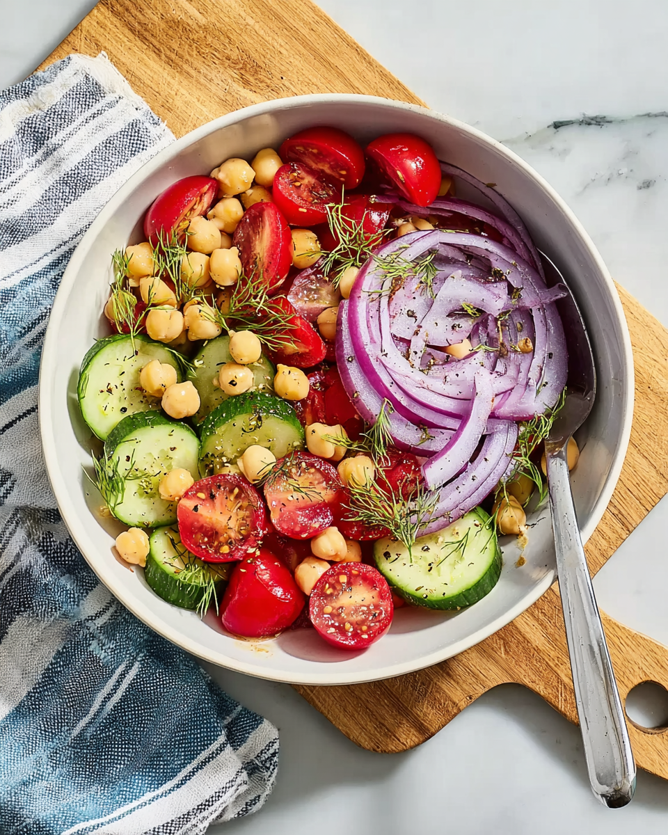 A white bowl filled with a colorful salad sits on a white marbled surface with a wooden cutting board and striped cloth nearby. The salad has several layers: the base layer is light beige chickpeas scattered around, followed by bright red cherry tomato halves and thick slices of fresh green cucumber. On top, there are thin slices of purple onion fanned out from the center, sprinkled with small green dill sprigs and a touch of black pepper. A silver spoon rests inside the bowl on the right side. photo taken with an iphone --ar 4:5 --v 7