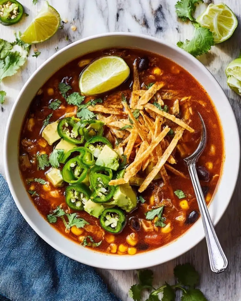 Creamy Chicken Tortilla Soup with Crispy Tortilla Strips and Fresh Toppings Recipe