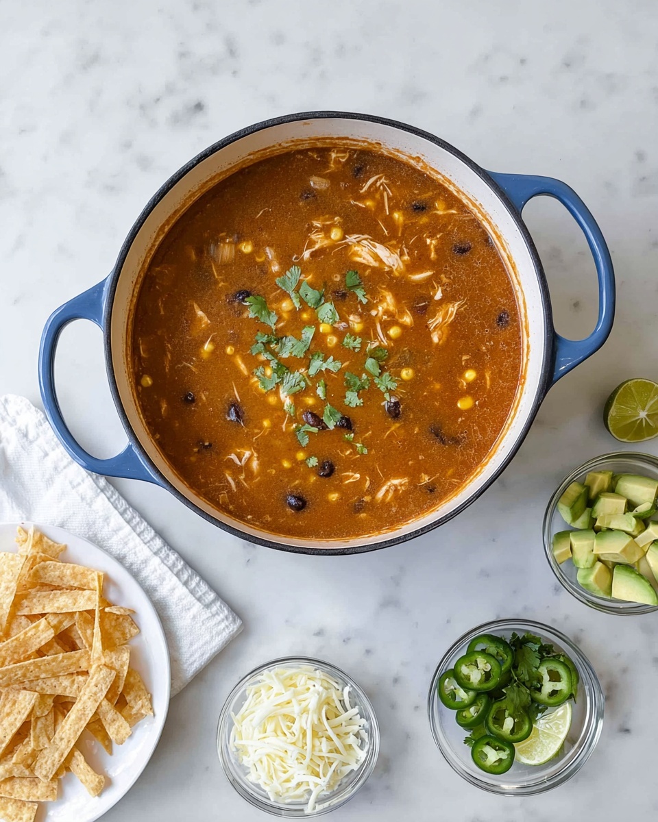 A blue pot filled with thick, orange-brown chicken soup with visible corn kernels and black beans in it sits at the center on a white marbled surface. Surrounding the pot are six small clear glass bowls arranged in a loose circle: shredded white cheese and fresh green cilantro behind the pot; chopped green onions and sliced green jalapeños to the right; lime wedges and diced green avocado below; and a white plate with thin, crispy golden tortilla strips on the left side, lined with a white paper towel. photo taken with an iphone --ar 4:5 --v 7