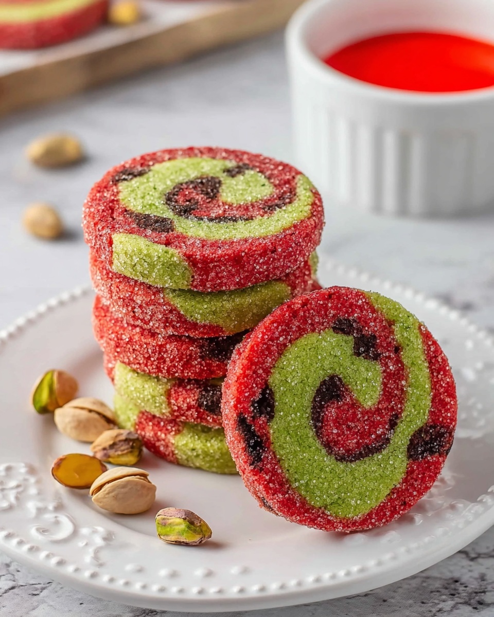 The image shows a stack of four colorful spiral cookies on a white plate with a decorative edge. Each cookie has two layers—one bright red and one green—twisted together with bits of dark chocolate scattered inside the swirl. The cookies are coated lightly with sugar crystals, giving them a slightly rough texture. Around the plate, a few shelled pistachios lie on a white marbled surface, and in the background, a white bowl filled with bright red sauce is partially visible. Photo taken with an iphone --ar 4:5 --v 7