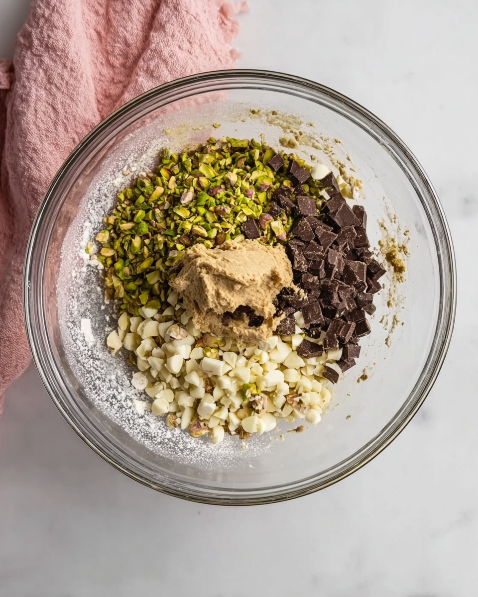 A clear glass bowl sits on a white marbled surface with four distinct piles of ingredients inside. Starting from the top and moving clockwise, there is a heap of chopped green pistachios, a light brown creamy paste, dark brown chopped chocolate pieces, and small white chopped pieces that are likely white chocolate or nuts. The bowl is slightly dusted with a little white powder, possibly flour, around the edges. A soft pink cloth is placed on the left side of the bowl. photo taken with an iphone --ar 4:5 --v 7