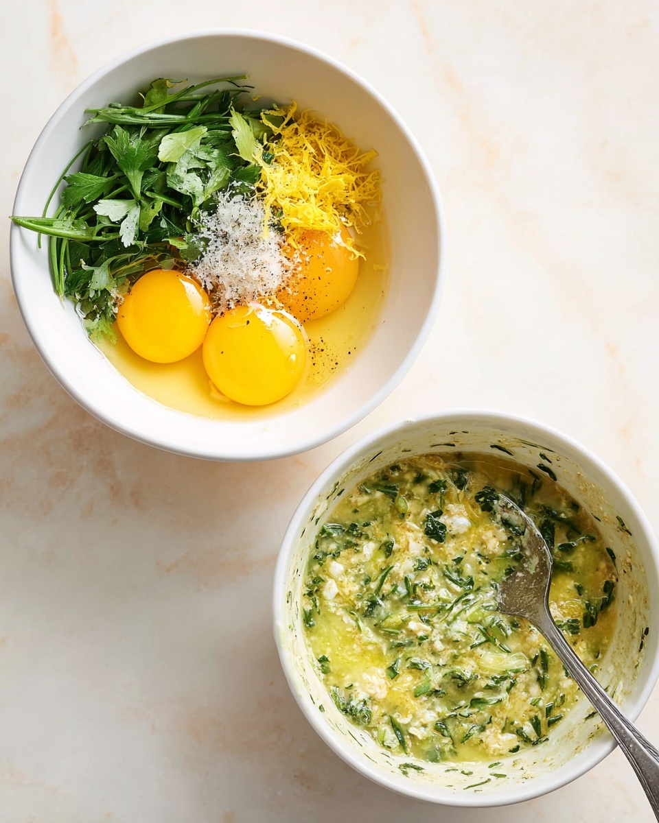 The image shows two white bowls on a white marbled surface. The left bowl has raw ingredients layered: two bright yellow egg yolks on top, surrounded by fresh green herbs, lemon zest with yellow strands, white cheese, and black pepper in the center. The right bowl shows these ingredients mixed together into a creamy, speckled yellow-green batter with visible herb pieces, and a silver spoon inside the bowl. Photo taken with an iphone --ar 4:5 --v 7
