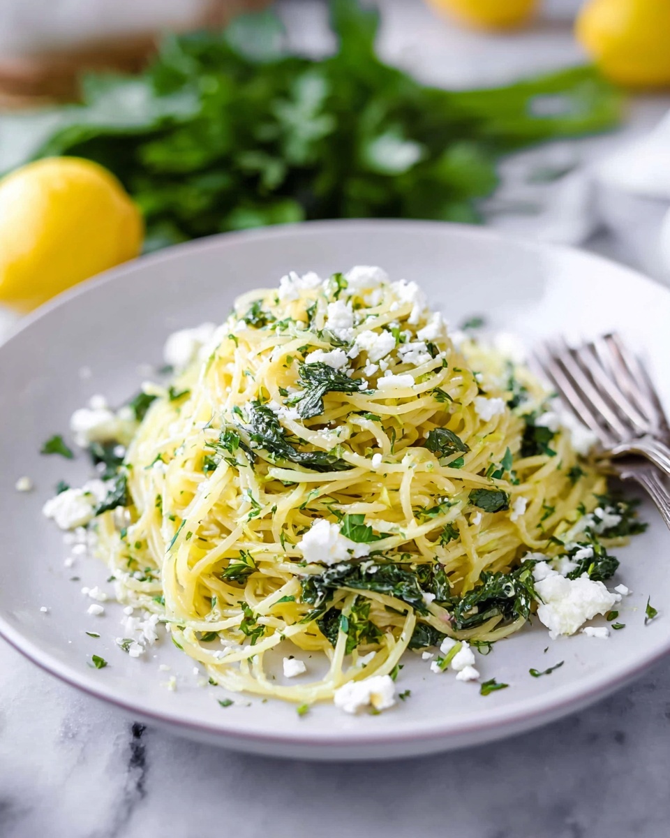 A white plate holds a mound of thin yellow pasta mixed with small green leafy herbs scattered throughout. Crumbled white cheese is sprinkled on top and around the base of the pasta. The plate sits on a white marbled surface with fresh green herbs and lemon halves blurred in the background. A shiny fork rests beside the pasta on the plate. Photo taken with an iphone --ar 4:5 --v 7