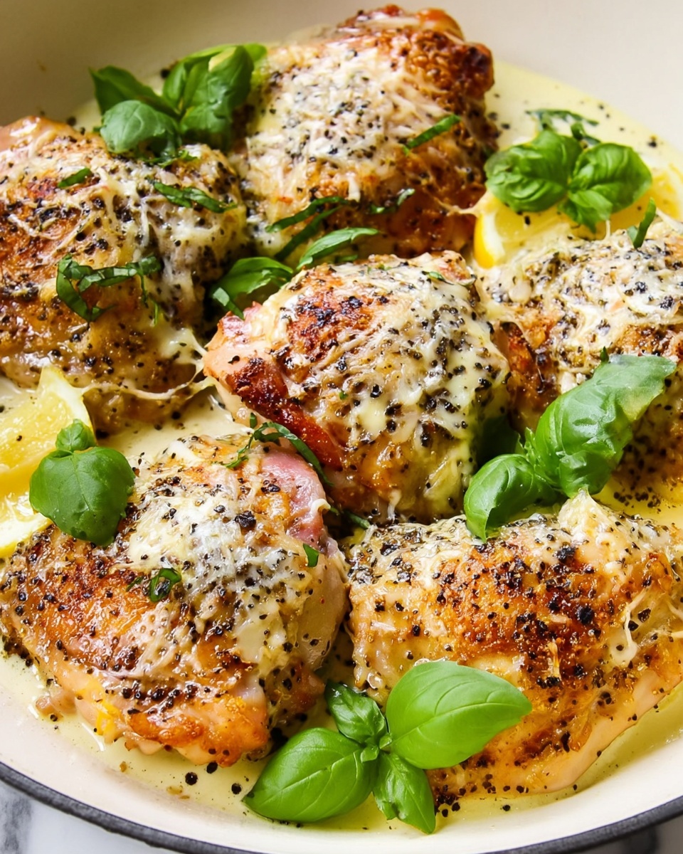The image shows a close-up of five cooked chicken thighs arranged in a white dish, each topped with a layer of melted, light golden cheese mixed with black pepper specks, giving a textured and slightly crispy look. Fresh green basil leaves are scattered on top and around the chicken, adding a bright pop of color. Small patches of lemon wedges are visible underneath the chicken, giving a hint of yellow, while the creamy sauce at the bottom adds a smooth light beige base. The background features a white marbled surface. Photo taken with an iphone --ar 4:5 --v 7