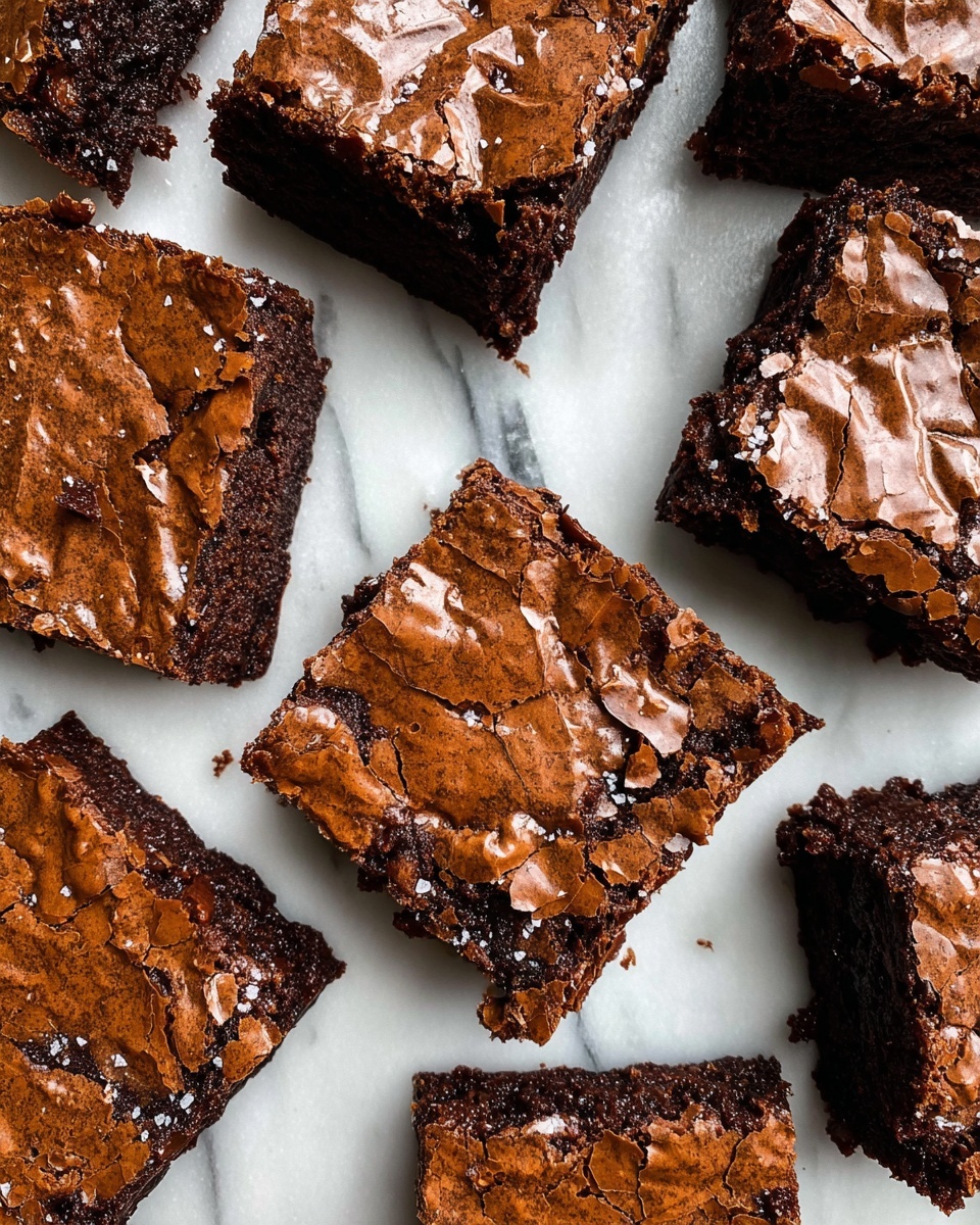 Several square brownies are spread out randomly on a white marbled surface. Each brownie has a shiny, cracked top layer in a rich, dark brown color with a smooth, slightly crispy texture. The interior layer beneath looks dense and moist with a deep chocolate color. The brownies vary slightly in size, with some edges showing a slightly crumbly texture. The lighting highlights the glossy cracked tops and the soft inside on the white marbled background. photo taken with an iphone --ar 4:5 --v 7