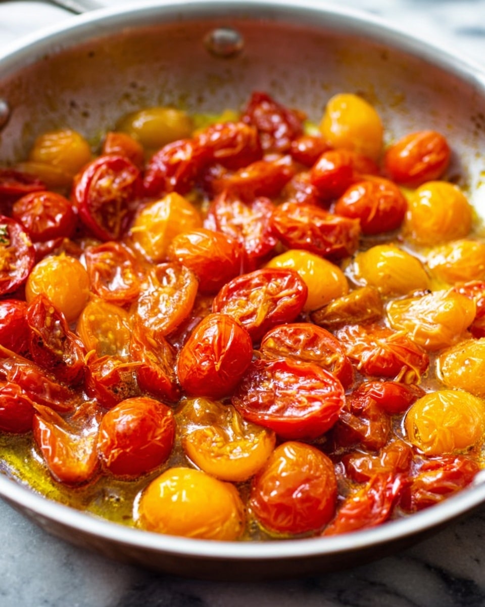 A close-up view of a silver pan filled with soft, cooked cherry tomatoes in red, orange, and yellow colors. The tomatoes appear glossy and slightly wrinkled with some halved, showing their moist insides and seeds. The tomatoes cover the whole bottom of the pan with a light oily sauce visible around them. The background is a white marbled texture. Photo taken with an iphone --ar 4:5 --v 7