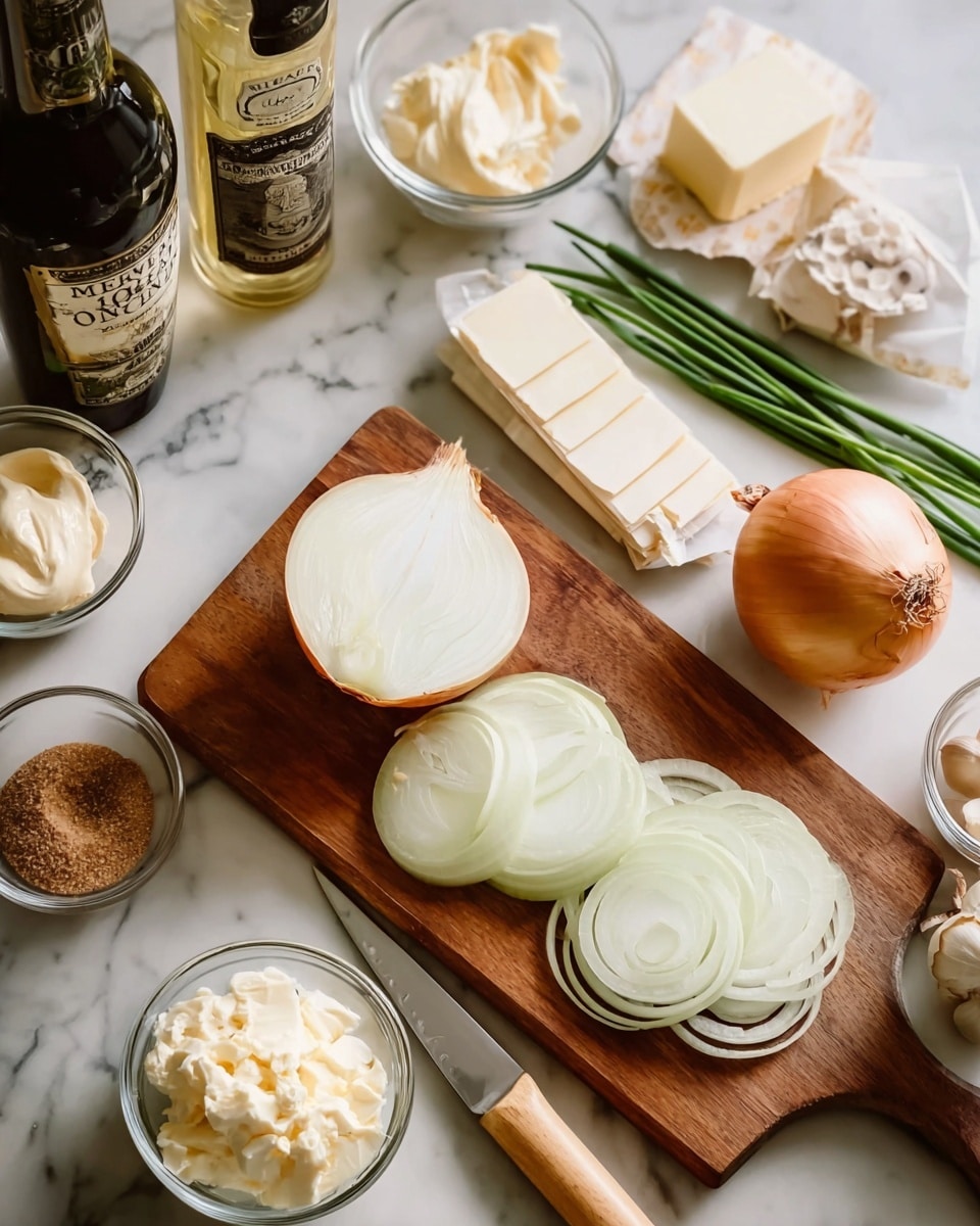 The image shows a wooden cutting board on a white marbled surface, with a whole onion and onion slices arranged in two layers: a half onion and a group of thinly sliced white onion pieces. A knife with a light wooden handle rests on the board. Around the board are small glass bowls with creamy, white, and light tan ingredients, a small bowl of dark brown liquid, brown sugar in a bowl, three garlic cloves, a bunch of green chives, a partially unwrapped block of cream cheese, and a wrapped set of butter sticks. Two bottles, one with a vinegar label, are placed in the background. The scene has soft natural light. photo taken with an iphone --ar 4:5 --v 7
