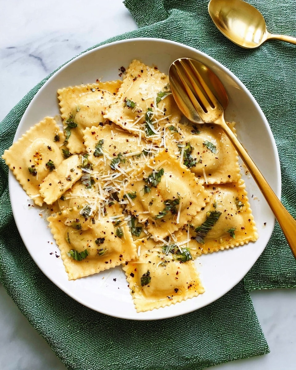 A white plate holds about ten square ravioli pieces, each ravioli having a light golden color with slightly browned edges. The ravioli are scattered over a green herb sauce, which creates small dark green spots and streaks on the pasta. Shredded cheese and some black pepper flakes cover the top evenly. On the plate, a gold-colored fork and spoon rest diagonally, the fork standing upright with its tines touching a ravioli. The plate is placed on a green textured cloth, all set on a white marbled surface. Photo taken with an iphone --ar 4:5 --v 7