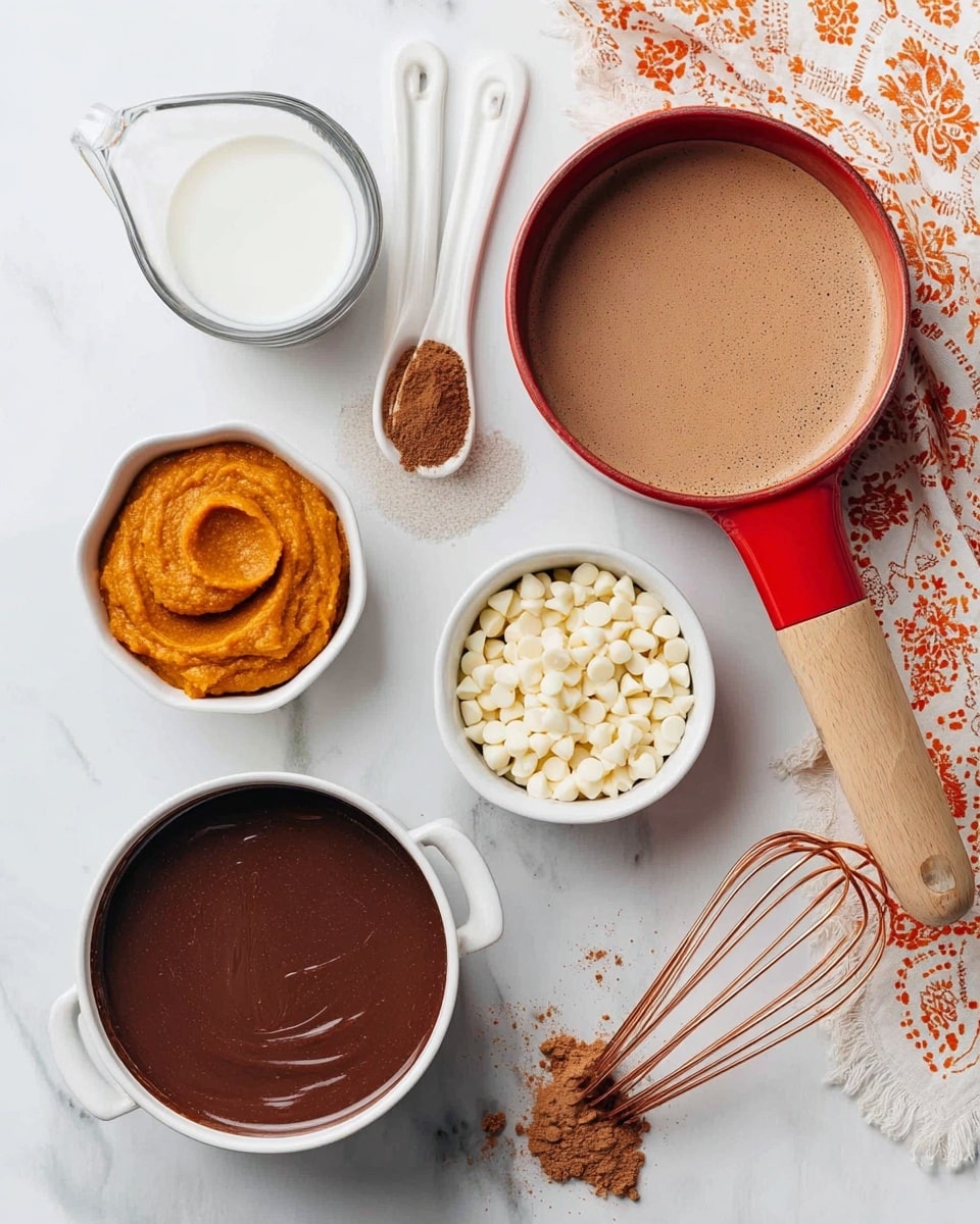 The image shows several cooking ingredients placed neatly on a white marbled surface. In the center bottom, there is a white saucepan filled with smooth dark brown chocolate. Above it, a small white bowl holds a thick orange puree. To the right, another white small bowl contains white chocolate chips, some scattered slightly nearby. Next to it is a red pot with a wooden handle filled with a light brown creamy liquid. To the left of the red pot, there is a clear measuring cup with milk. Two white spoons, one holding brown sugar and the other ground cinnamon, lie between the measuring cup and saucepan. At the top right corner, a wooden whisk with a copper handle rests on the surface, and a white and orange patterned cloth is partially visible at the bottom right. Photo taken with an iphone --ar 4:5 --v 7