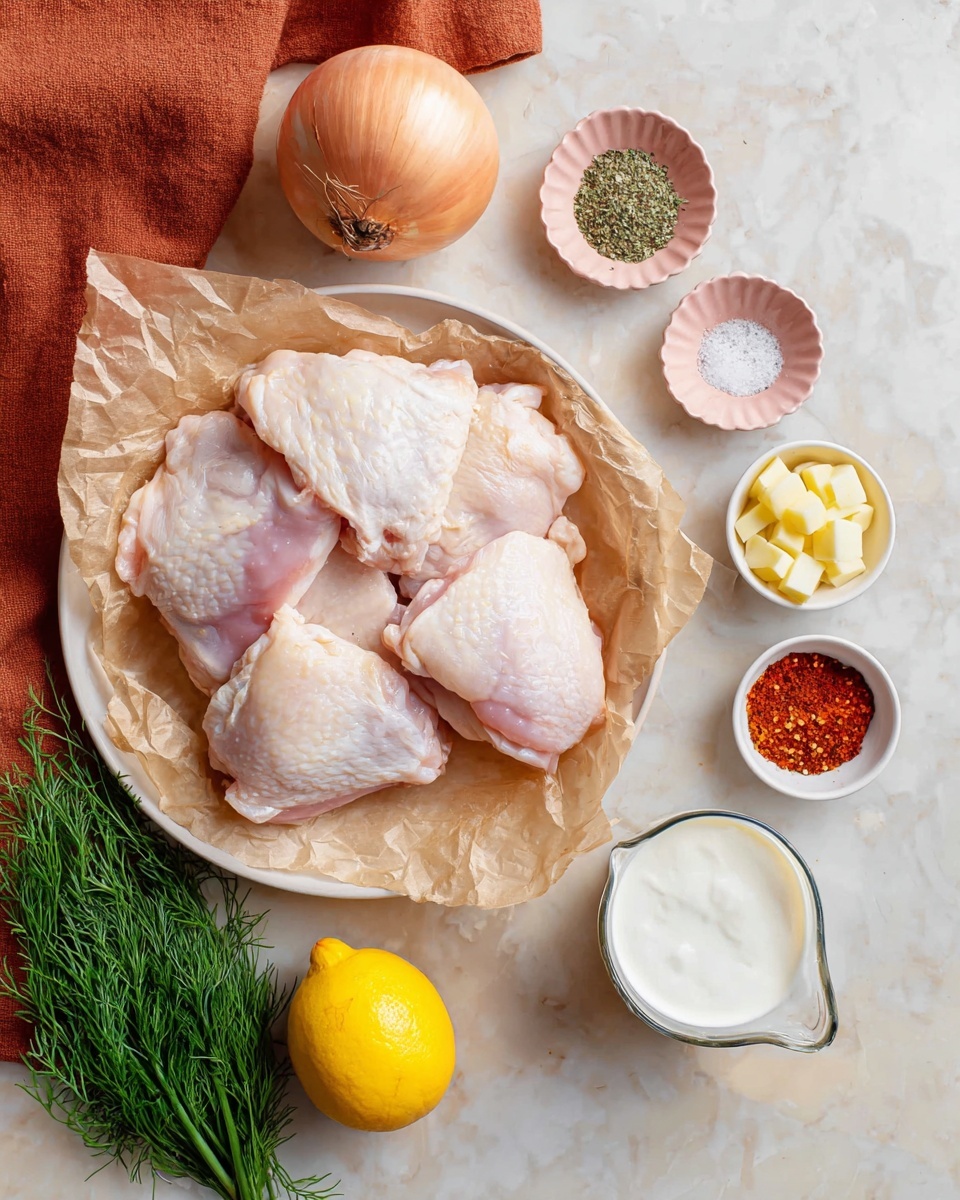 Raw chicken thighs are placed on crumpled brown parchment paper inside a white plate, showing pale pink flesh with some white fat. Above the plate, a shallot with a smooth brownish skin sits on the white marbled surface. To the right, a small pink scalloped bowl holds dried green herbs, while a white small bowl next to it contains white salt, black pepper, and red paprika arranged in separate sections. Below, a bunch of fresh green dill sprigs lies diagonally on the white marbled surface. On the bottom right, a metal measuring cup filled with thick white yogurt is visible. Next to it, a small white bowl holds two soft yellow cubes of minced garlic. A whole bright yellow lemon is positioned at the bottom left. A folded dusty orange cloth peeks from the top left corner. Photo taken with an iphone --ar 4:5 --v 7