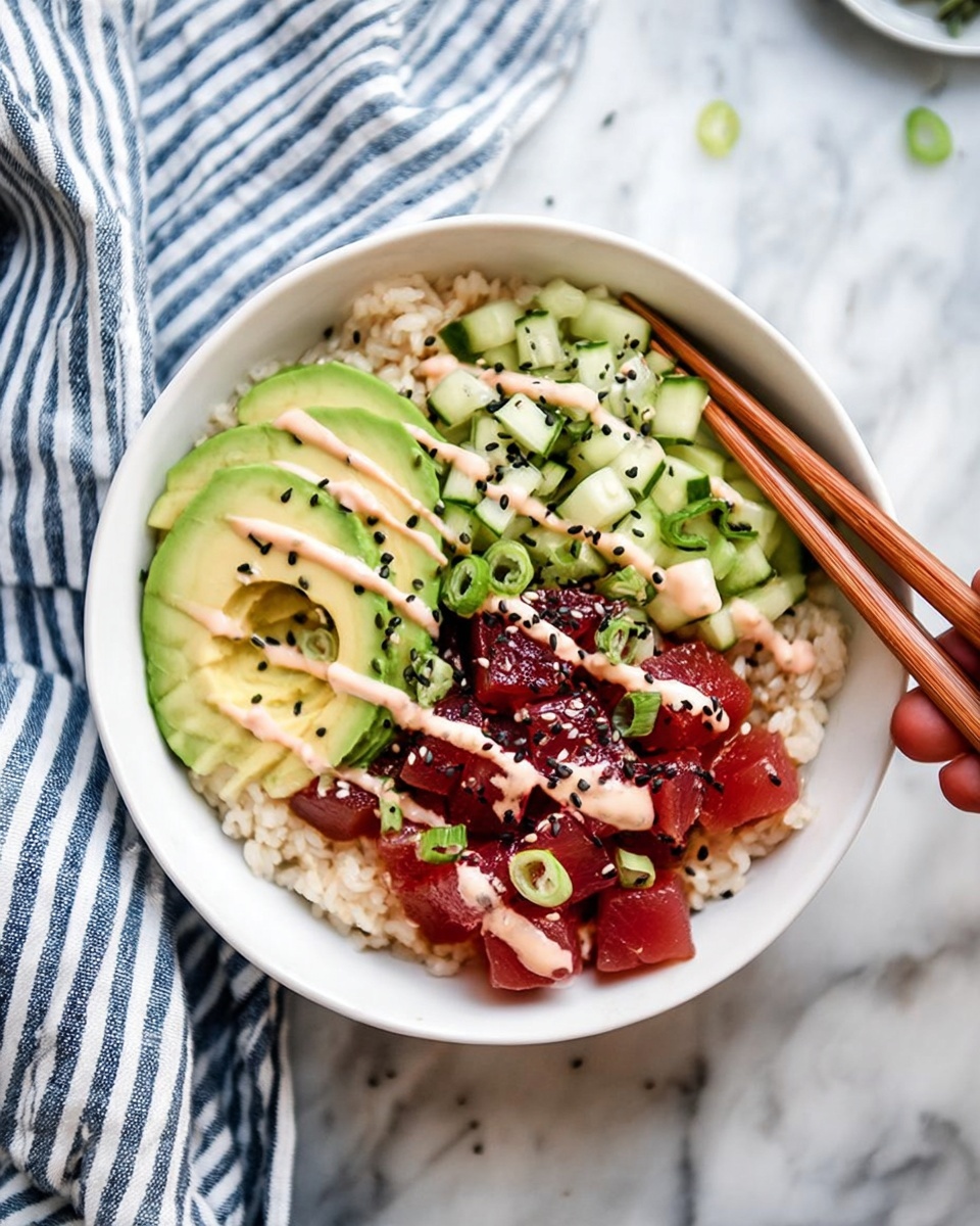 A white bowl is placed on a white marbled surface, filled with layers of food. The bottom layer is cooked brown rice. On top, there are three main sections: small cubes of red tuna on the right, light green diced cucumber in the middle, and smooth, light green avocado slices fanned out on the left. The dish is drizzled with a light pink creamy sauce and sprinkled with black sesame seeds. Thin green onion pieces are scattered across the tuna and rice. A pair of wooden chopsticks held by a woman's hand reaches into the frame from the top right. A striped blue and white cloth is partially visible on the left side of the bowl. Photo taken with an iphone --ar 4:5 --v 7