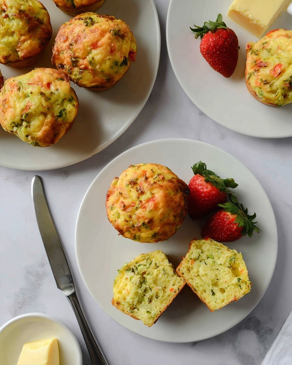 Savory Cottage Cheese Breakfast Muffins Recipe 5 The image shows several small savory muffins on white plates, with a golden brown top that has a slightly crispy texture. Inside, the muffins have a soft, light yellow layer mixed with green bits of vegetables spread throughout. One muffin is cut in half to show the inside, revealing a moist, speckled green and light yellow texture with uneven shapes of vegetables. Bright red strawberries with green leaves are placed next to the muffin halves on one plate, and a silver butter knife with some soft yellow butter on it rests nearby. The background is a white marbled texture. Photo taken with an iphone --ar 4:5 --v 7