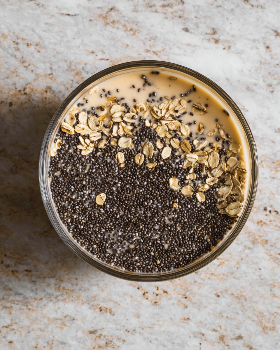 A clear round glass bowl viewed from above shows three visible layers: at the bottom there is a creamy, light beige liquid filling most of the bowl, above it lies a thick layer of small, shiny black chia seeds densely packed in the center and spreading slightly outward, and the top layer features scattered light tan rolled oats mixed evenly with the chia seeds, creating a textured contrast. The bowl rests on a surface with a white marbled texture. Photo taken with an iphone --ar 4:5 --v 7