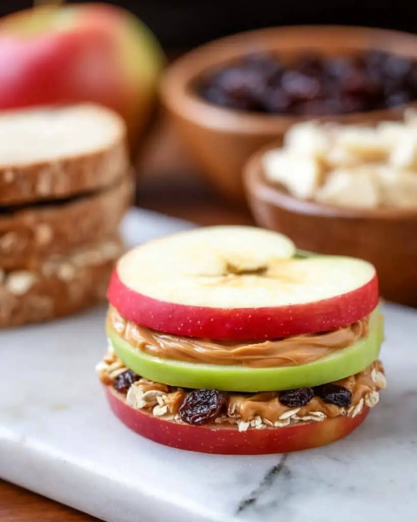 Apple Sandwiches with Peanut Butter, Raisins, and Toasted Oats Recipe