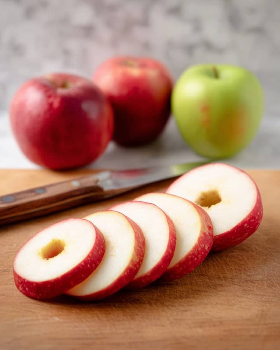 The image shows five round, thin apple slices with red skin arranged in a slight curve on a wooden board, each slice having a small hole in the middle. Behind the slices, a larger half apple with a white inside and red skin lies flat, showing its round core. Four whole apples—three red and one green—stand upright in a row on the wooden board behind the sliced apple. A knife with a wooden handle and silver blade is placed horizontally next to the apples. The background is a white marbled texture. photo taken with an iphone --ar 4:5 --v 7