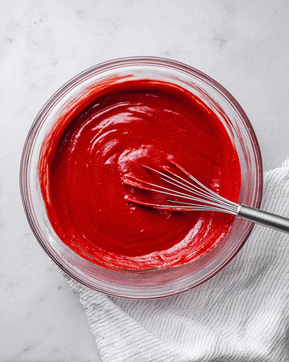 A clear glass bowl filled with thick, smooth bright red batter has a silver whisk resting inside it. The batter's surface is glossy and even, showing some soft folds and streak marks from mixing. The bowl sits on a white marbled surface with a striped white and light gray cloth partially tucked underneath it. The scene is simple and clean, focusing on the rich red color and creamy texture of the batter. photo taken with an iphone --ar 4:5 --v 7