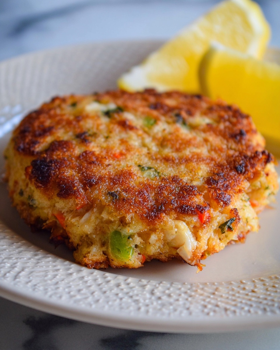 A close-up of a single round crab cake with a golden-brown crispy crust on top, showing small bits of green and orange mixed within the patty, placed on a white plate with a patterned edge. To the right of the crab cake, there is a lemon wedge with bright yellow and light pale yellow colors, adding a fresh contrast. The plate rests on a white marbled surface that provides a clean and elegant background. photo taken with an iphone --ar 4:5 --v 7