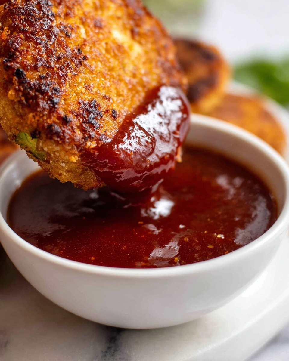 A close-up view shows a golden-brown patty that has a crispy texture on top, being dipped into a small white bowl filled with thick, shiny, deep red sauce. The patty surfaces glisten with the coating of the sauce, and slight char marks are visible, giving it a smoky look. The white bowl rests on a white marbled surface, with blurred green elements softly visible in the background. photo taken with an iphone --ar 4:5 --v 7