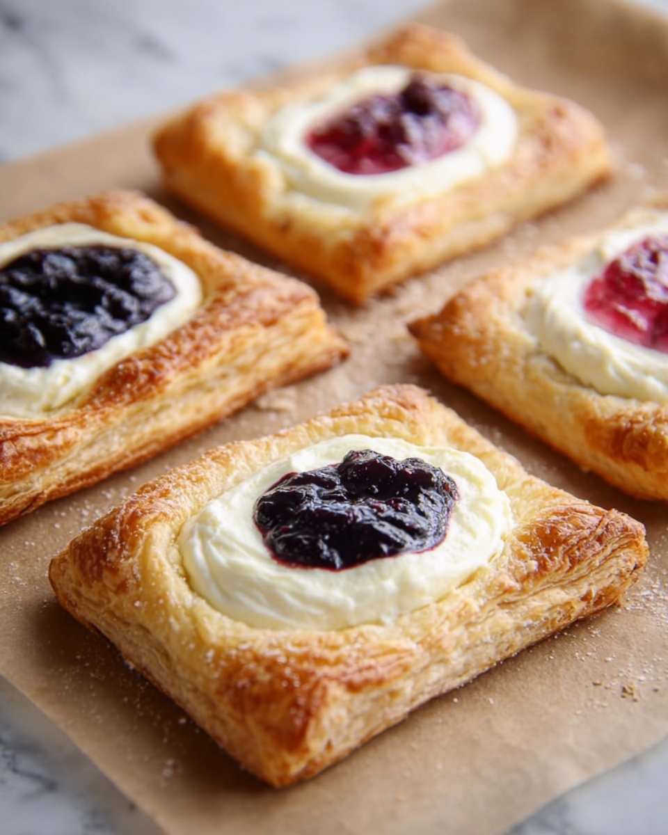 The image shows four rectangular pastries on light brown baking paper on a white marbled surface. Each pastry has a flaky golden-brown crust with a raised edge forming a shallow center. Inside the center, there is a layer of smooth white cream cheese filling. On two of the pastries, there is a dollop of dark purple blueberry jam on top of the cream cheese, and on one pastry in the back, there is a dollop of reddish-pink jam over the cream cheese. The texture of the crust looks crisp and light, and the jam looks glossy and slightly thick. Photo taken with an iphone --ar 4:5 --v 7