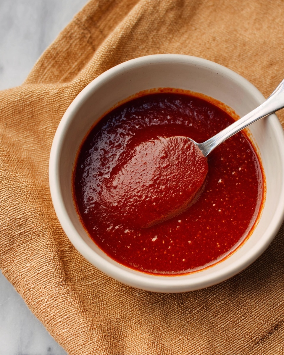 A white bowl filled with smooth, thick deep red sauce with a slightly textured surface, containing small bubbles. A silver spoon is dipped into the sauce, lifting some, showing its shiny, glossy texture. The bowl sits on a coarse, beige woven cloth, placed on a white marbled surface. Photo taken with an iphone --ar 4:5 --v 7