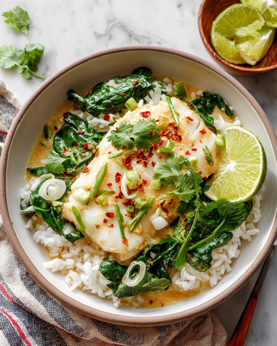 A white bowl filled with a base layer of white rice, topped with a thick piece of white fish covered in a light sauce with red chili flakes. Around and on top of the fish are bright green spinach leaves, thin pale onion slices, and light green chopped scallions. There is a wedge of lime placed on the right side of the bowl and fresh cilantro leaves scattered on all layers. The bowl is placed on a white marbled surface with a small wooden bowl containing lime wedges nearby and a striped cloth underneath photo taken with an iphone --ar 4:5 --v 7