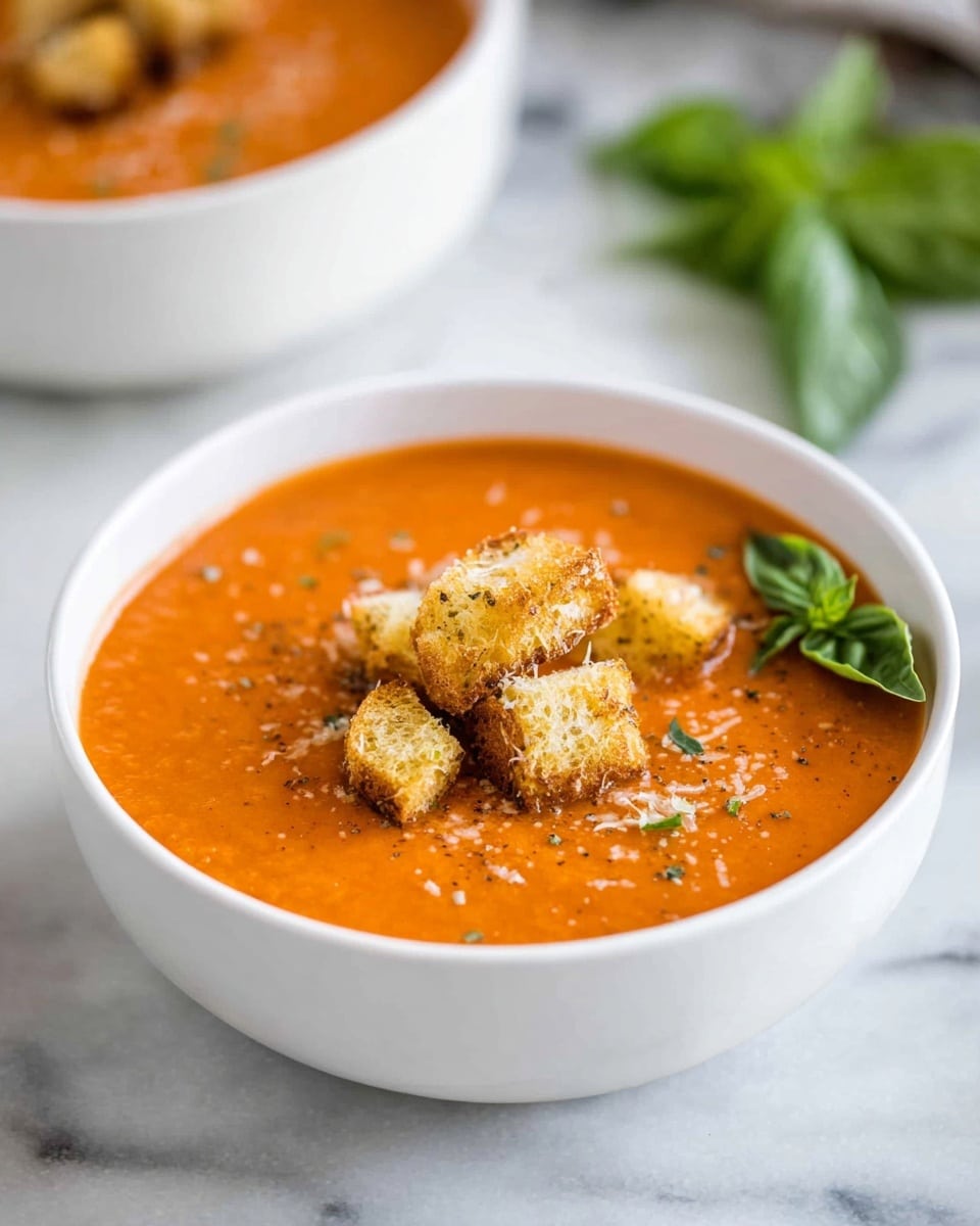 A white bowl filled with smooth orange tomato soup, topped with golden brown croutons clustered in the center, sprinkled with small bits of grated cheese and black pepper, and garnished with a fresh green basil leaf on the side. The bowl is set on a white marbled surface with a blurred second bowl of soup and a basil leaf visible in the background. photo taken with an iphone --ar 4:5 --v 7