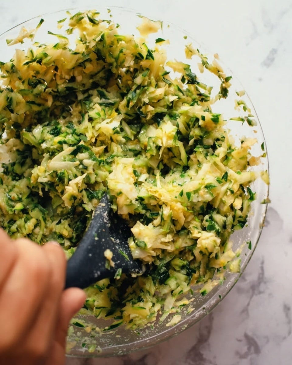 The image shows a close-up of a mixture in a clear bowl, filled with finely chopped green herbs and light yellow shredded pieces, likely vegetables, giving it a soft and slightly chunky texture. A woman's hand is stirring the mixture with a black utensil on the left side of the image, and some of the mixture sticks to the sides of the bowl. The background surface has a white marbled texture. Photo taken with an iphone --ar 4:5 --v 7