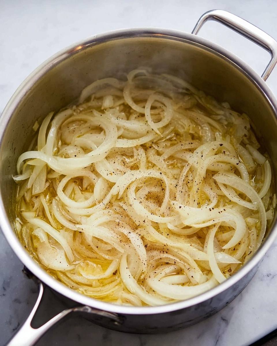 Inside a large silver pot, thin pale yellow onion slices are cooking, slightly translucent with a light sheen of oil. The onions have a few specks of black pepper and light golden areas where they begin to soften. The pot shows some steam rising and has a smooth metallic texture, with the onions spread evenly across the bottom. The background is a white marbled surface. Photo taken with an iphone --ar 4:5 --v 7