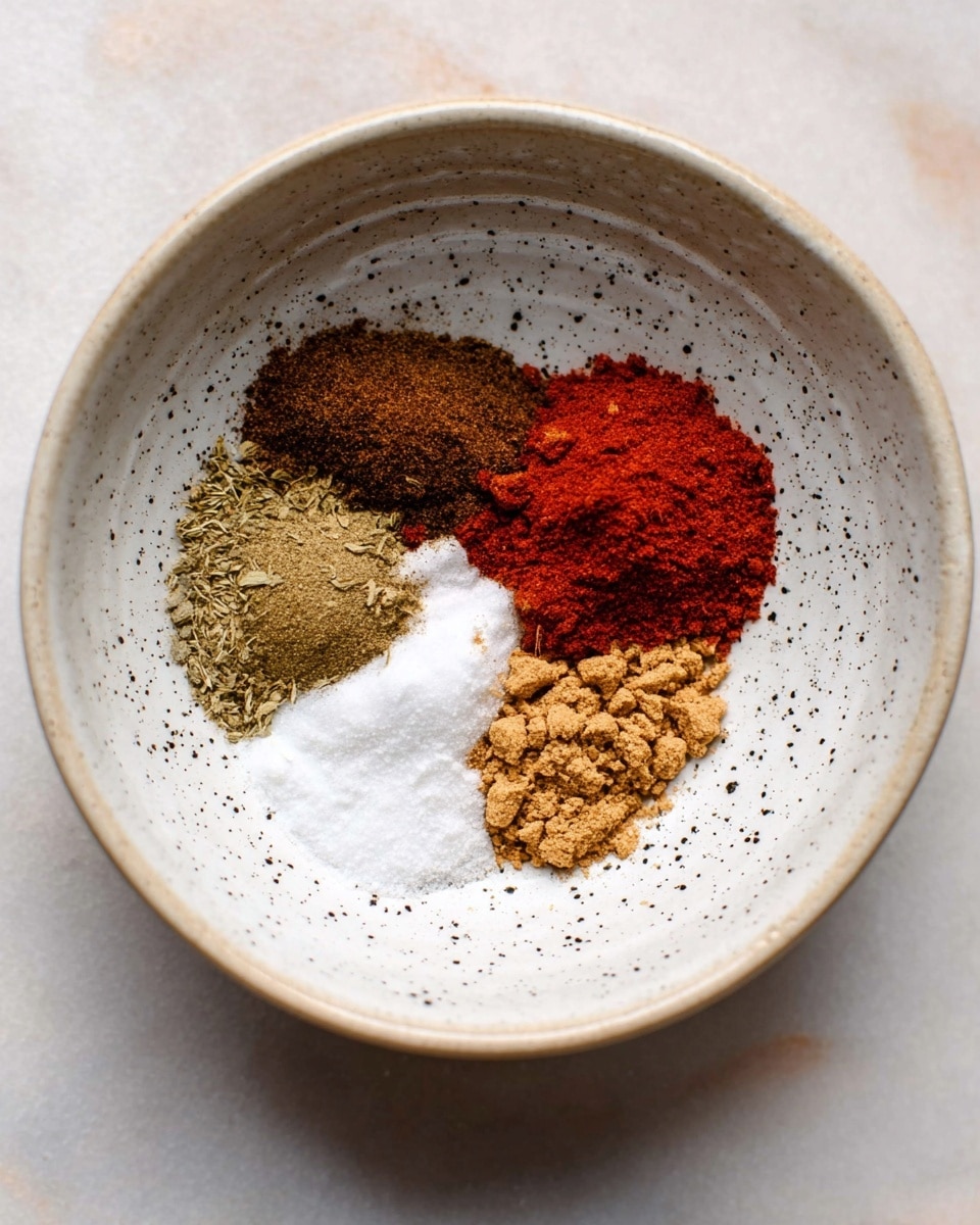 A white bowl with small black specks inside holds five piles of spices arranged close together but not mixed. Starting from the top right is a bright red powder, just below it is a pile of coarse white salt, next to the salt is a light brown crumbly spice, above that is a dark brown powder, and to the left is a greenish-brown powder with a slightly rough texture, all sitting on a white marbled surface. photo taken with an iphone --ar 4:5 --v 7